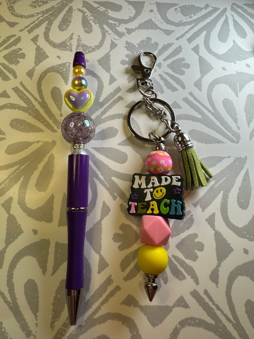 Made to Teach Beaded Keychain and Purple Heart Pen Set